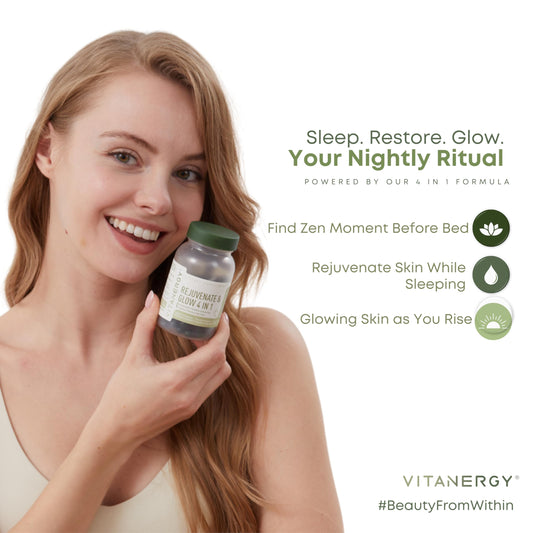 Vitanergy Beauty Sleep capsules closeup emphasizes easy night-use and relaxation benefits.