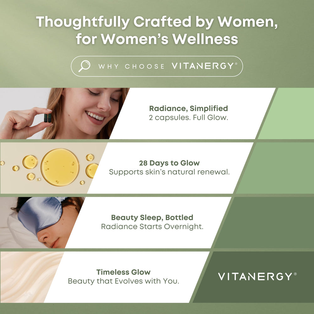 Vitanergy Beauty Sleep capsule bottle beside glass of water suggests simple nightly routine.