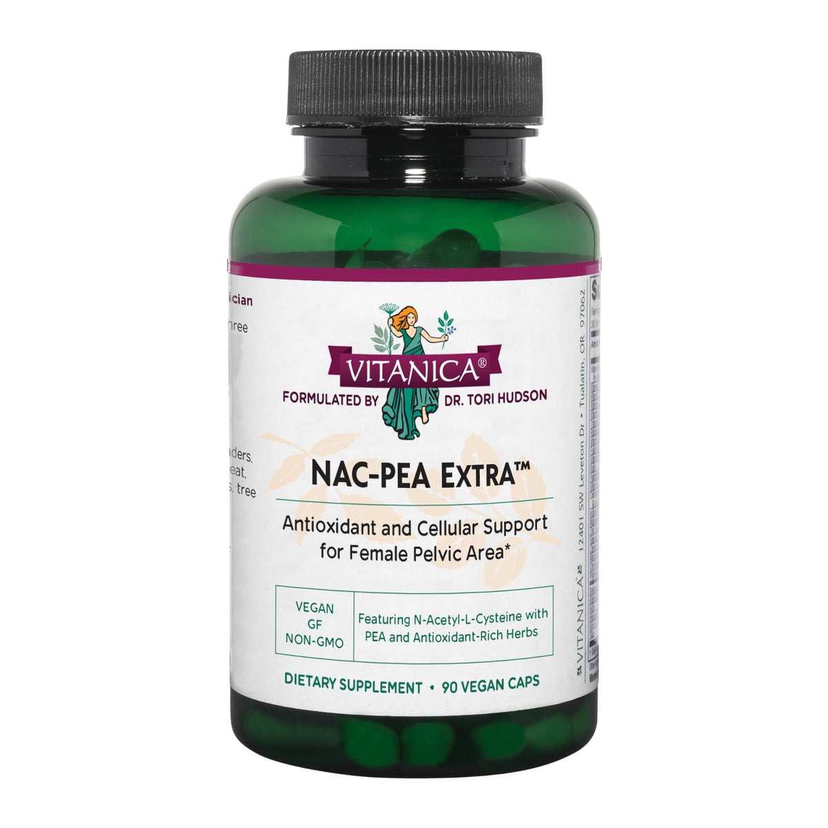 Vitanica NAC-Pea Extra bottle close-up showing antioxidant-focused pelvic health blend.