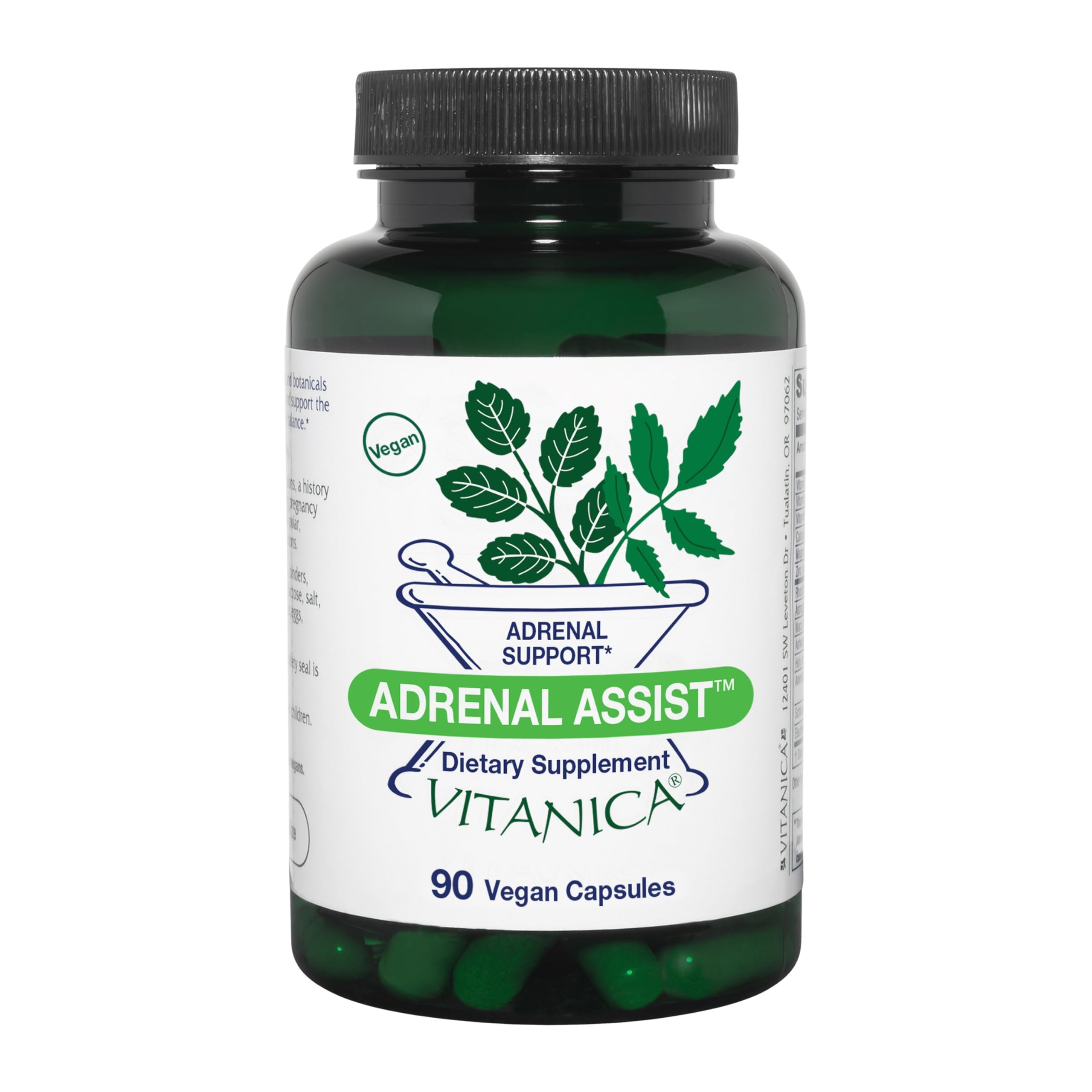 Vitanica Adrenal Assist bottle with capsules on a desk for daily adrenal support