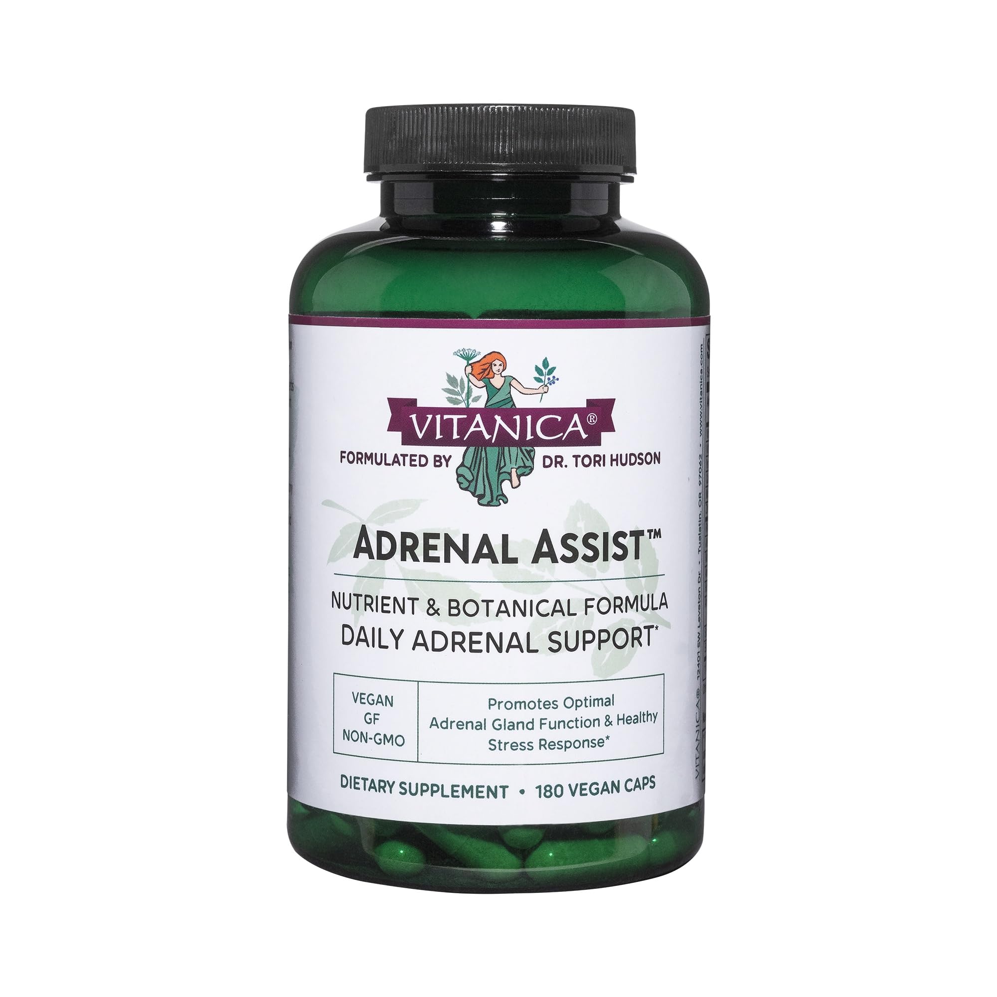 Vitanica Adrenal Assist bottle front showing vegan adrenal support