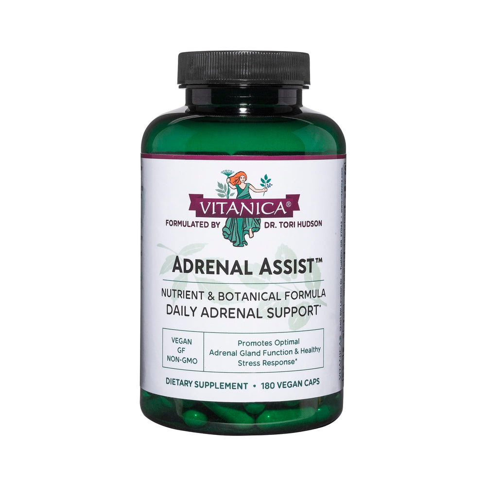 Vitanica Adrenal Assist bottle front showing vegan adrenal support