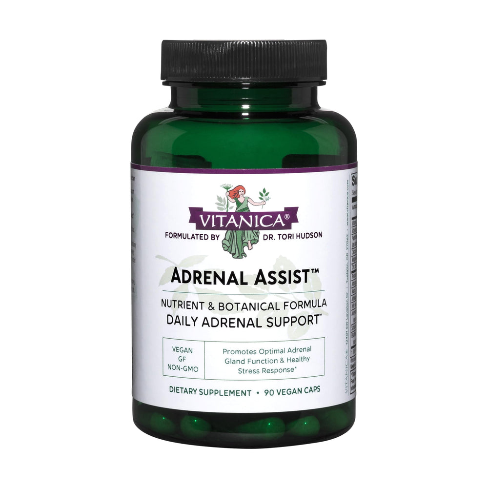 Vitanica Adrenal Assist bottle-front view showing plant-based capsules for stress adaptation