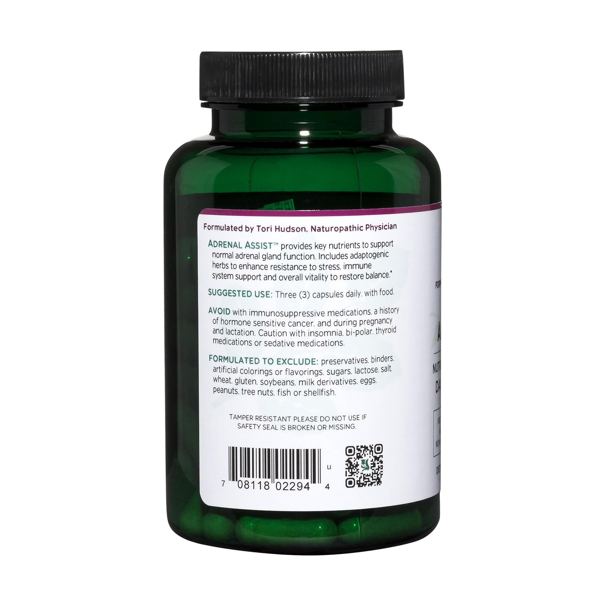 Vitanica Adrenal Assist label-view with allergen-free ingredients for sensitive diets