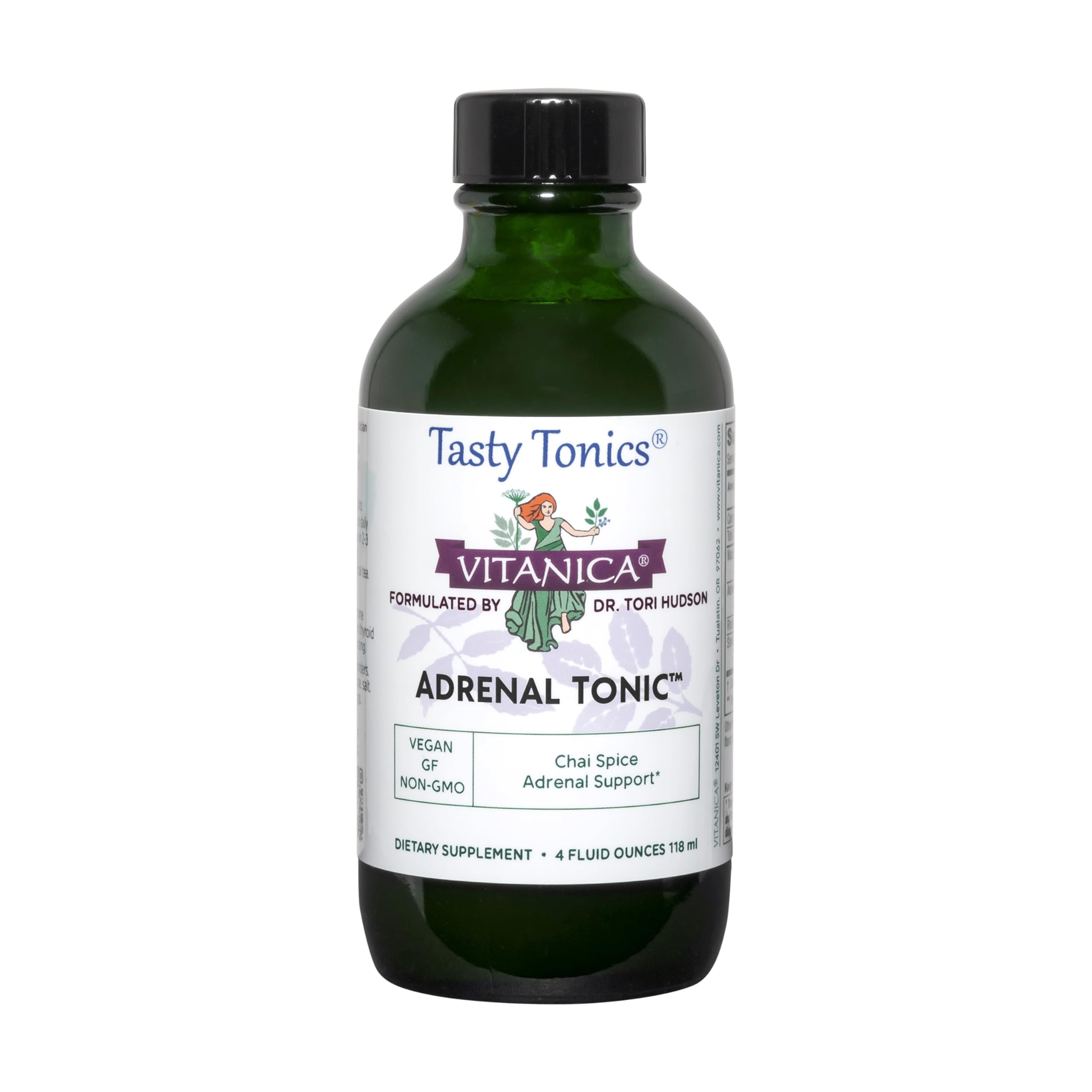 Vitanica Adrenal Tonic bottle displays the herbal formula for daily vitality.