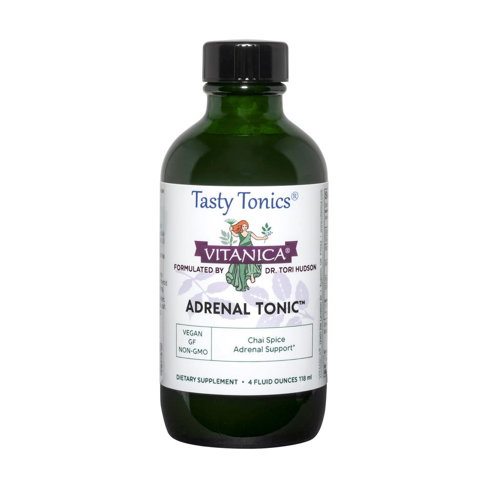 Vitanica Adrenal Tonic bottle displays the herbal formula for daily vitality.