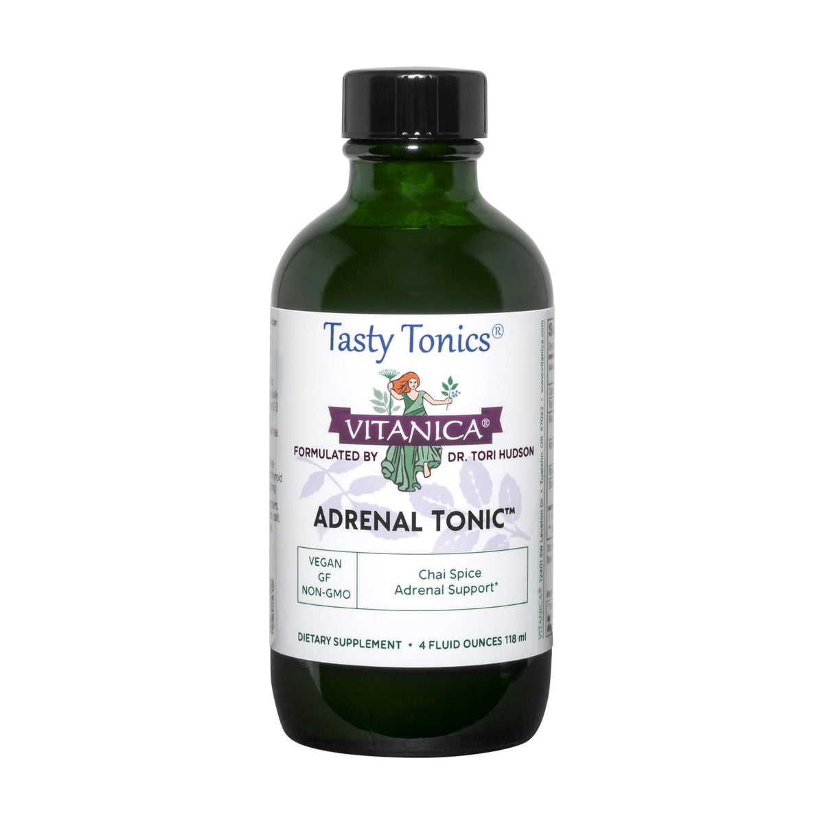Vitanica Adrenal Tonic bottle displays the herbal formula for daily vitality.