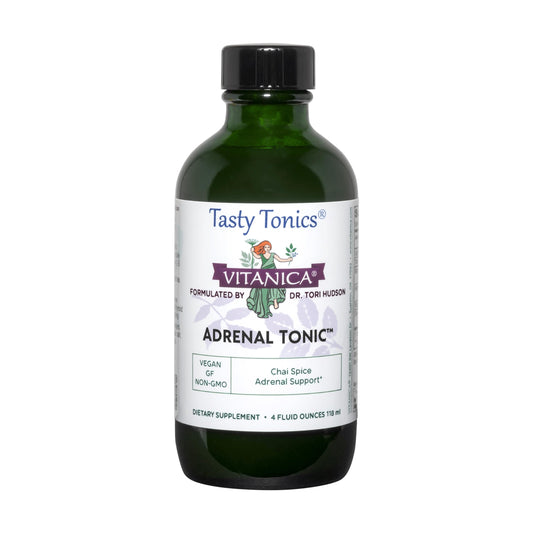 Vitanica Adrenal Tonic bottle displays the herbal formula for daily vitality.