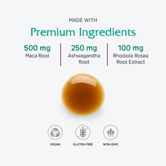 Vitanica Adrenal Tonic ingredients view emphasizes maca, ashwagandha, rhodiola.
