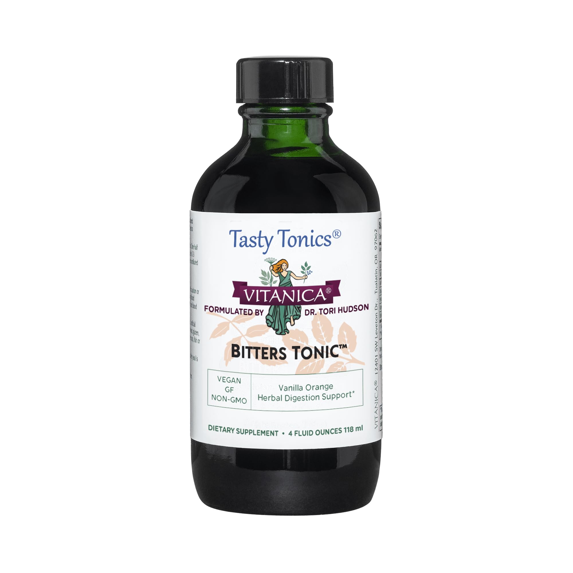 Vitanica Bitters Tonic bottle showcases vanilla orange flavor for a gentle daily digest.