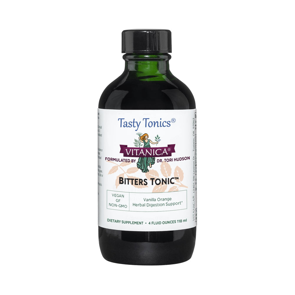 Vitanica Bitters Tonic bottle showcases vanilla orange flavor for a gentle daily digest.