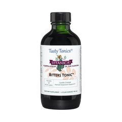 Vitanica Bitters Tonic bottle showcases vanilla orange flavor for a gentle daily digest.