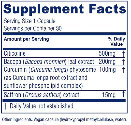 Close-up of Brain Priority capsules illustrating vegan formula for memory and focus
