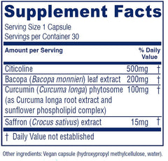 Close-up of Brain Priority capsules illustrating vegan formula for memory and focus