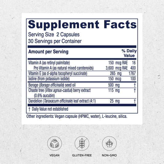 Vitanica Breast Cycle Blend bottle label highlights ingredients and vegan formula for mindful wellness.