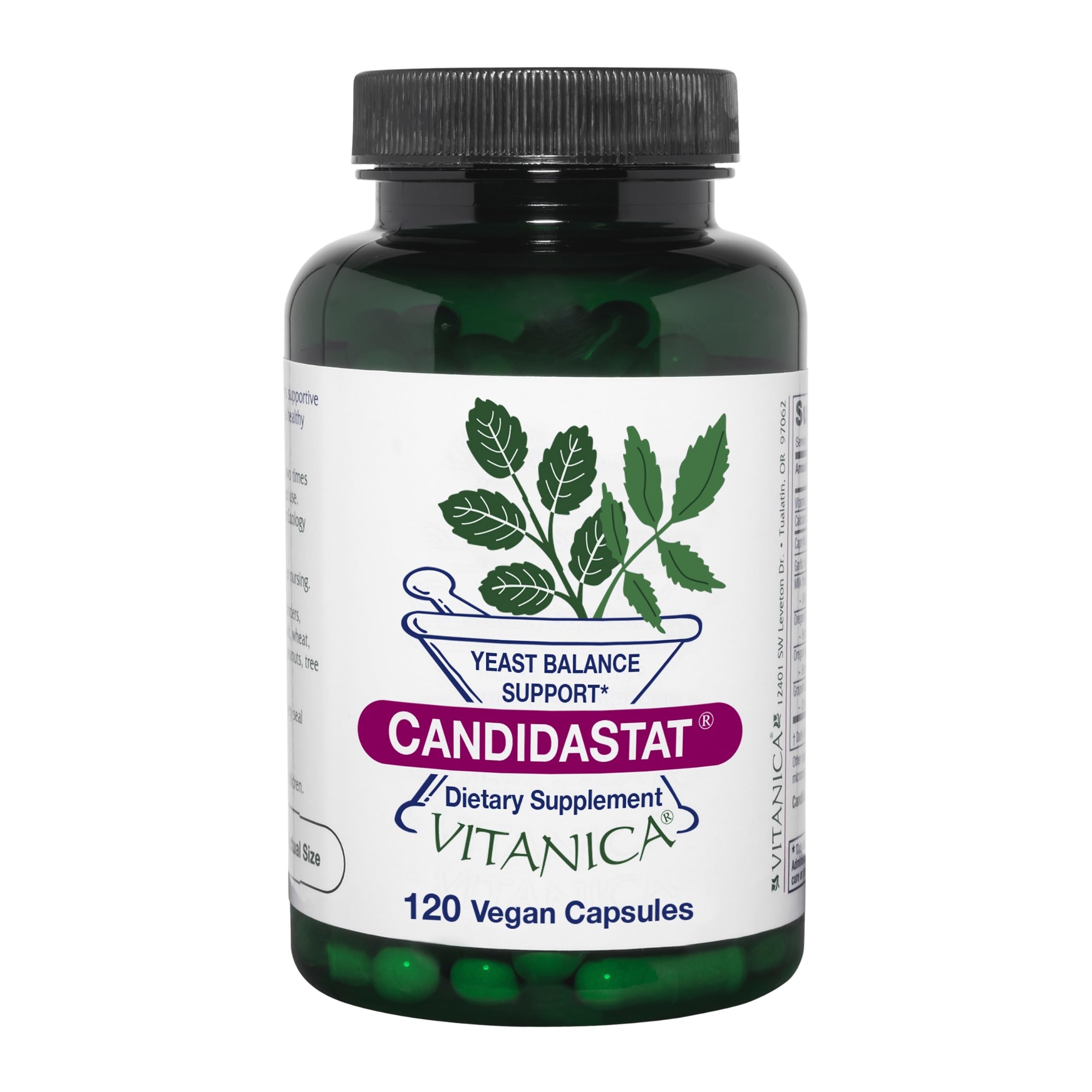 Vitanica Candidastat bottle front highlights vegan yeast balance support.