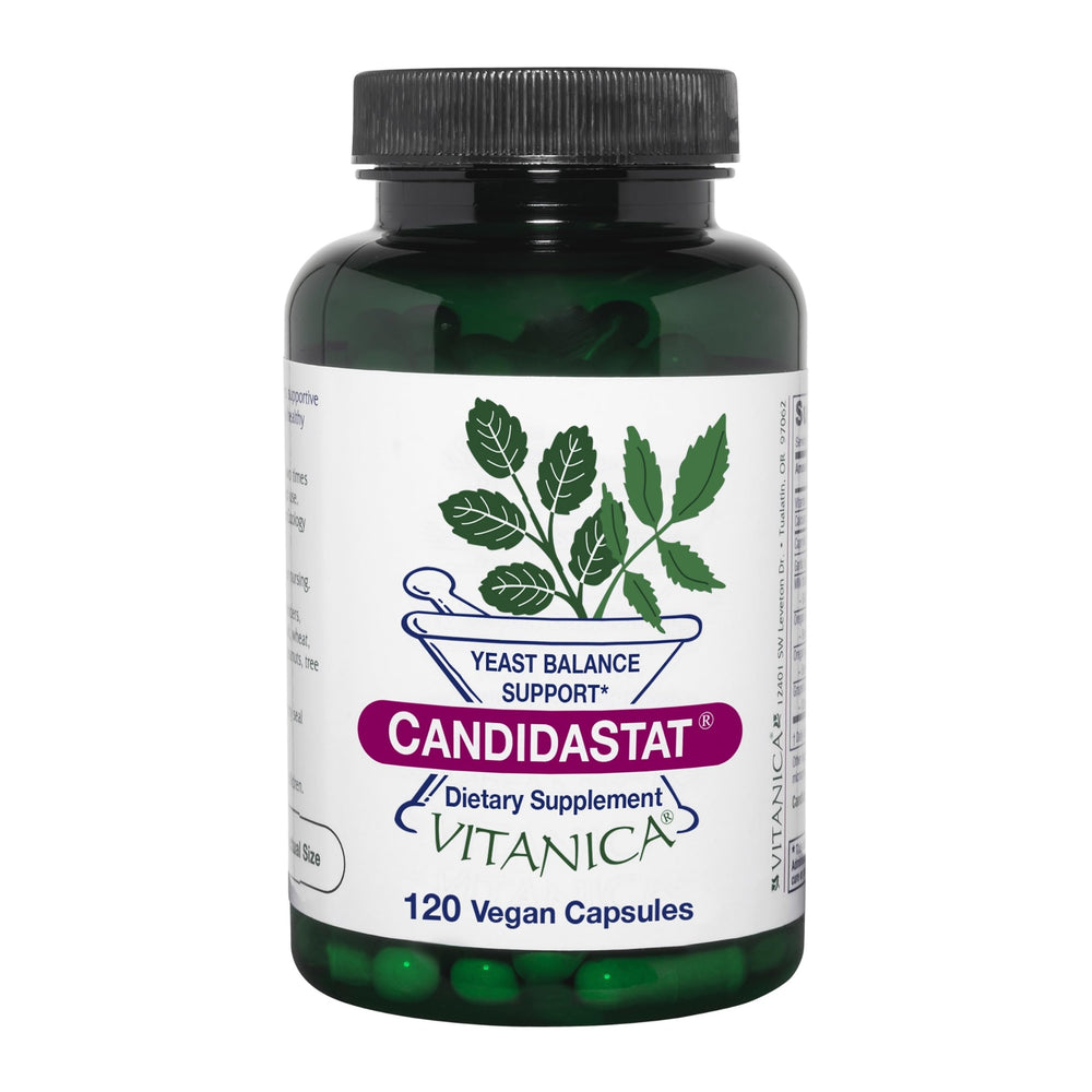 Vitanica Candidastat bottle front highlights vegan yeast balance support.