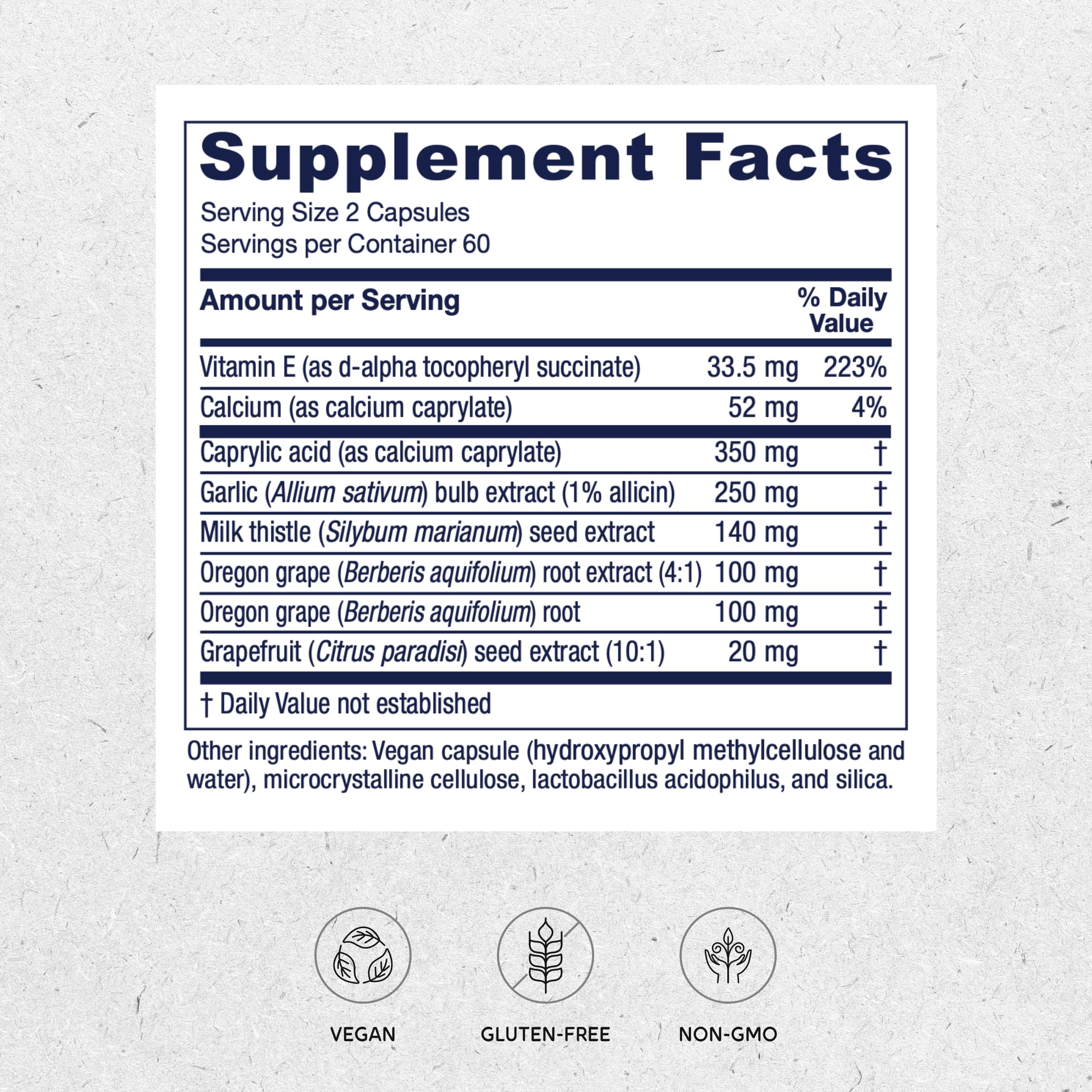 Vitanica Candidastat bottle label shows natural ingredients for immune support.