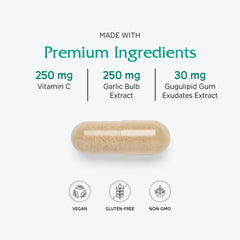 Vitanica CardioBlend garlic-ginger botanicals closeup suggests heart-friendly support.