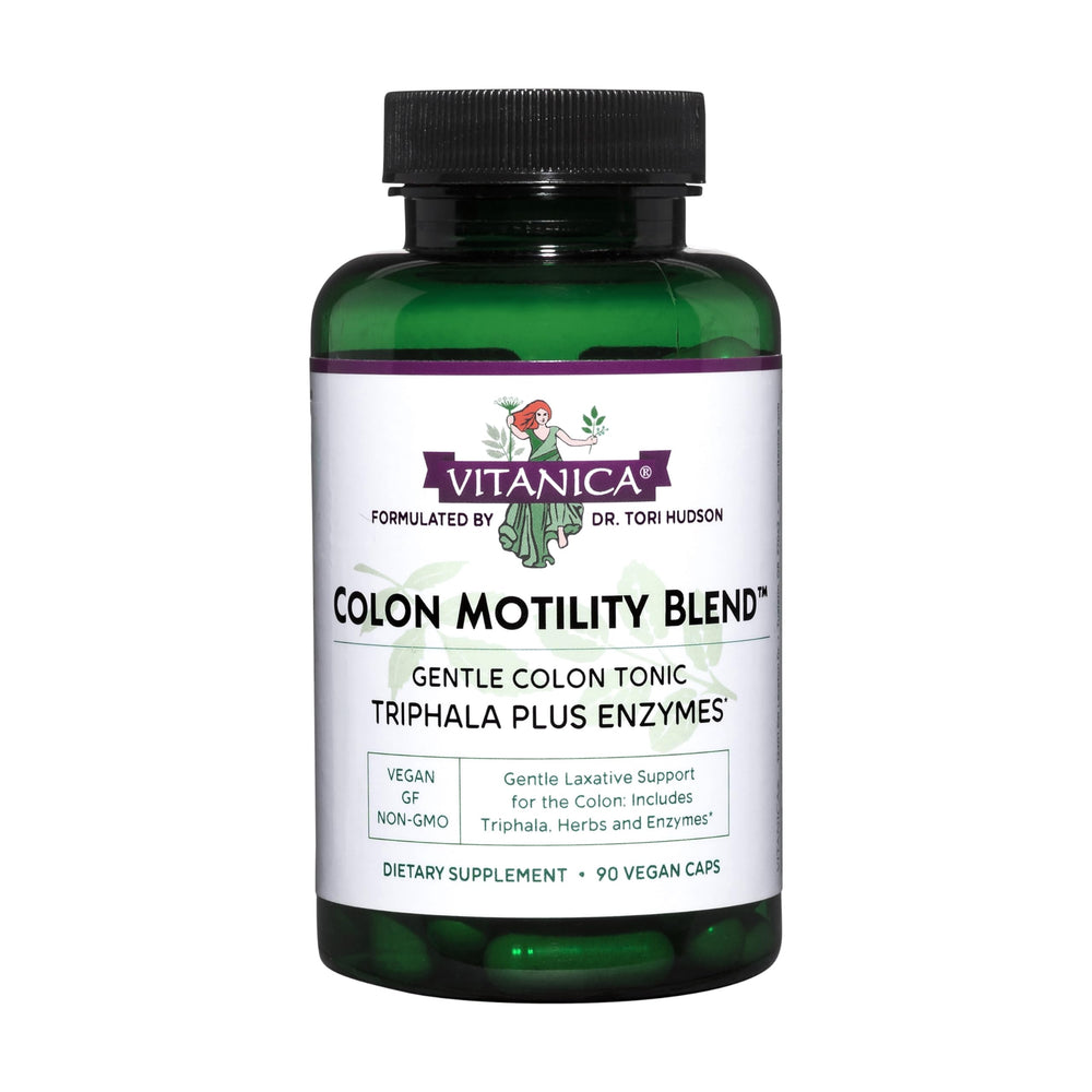 Vitanica Colon Motility Blend bottle supports calm digestion in daily routine.