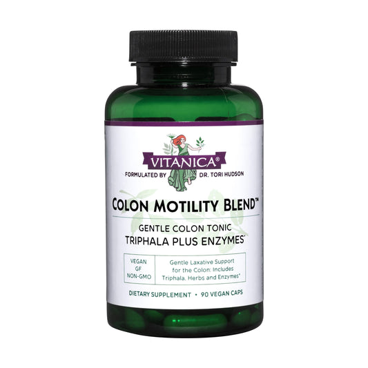 Vitanica Colon Motility Blend bottle supports calm digestion in daily routine.