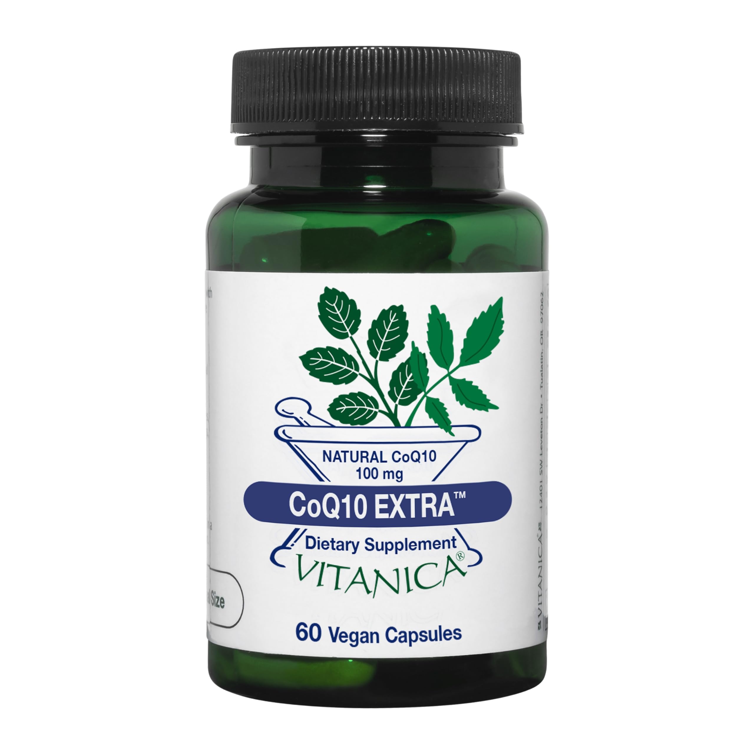 Vitanica CoQ10 Extra bottle close-up; vegan capsules for everyday energy.