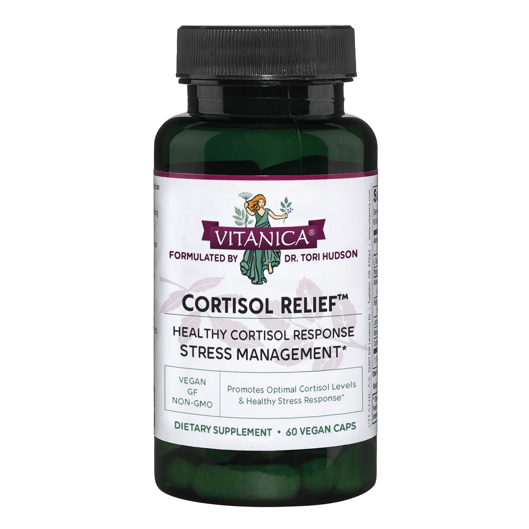 Vitanica Cortisol Relief bottle front showing calm evening routine.
