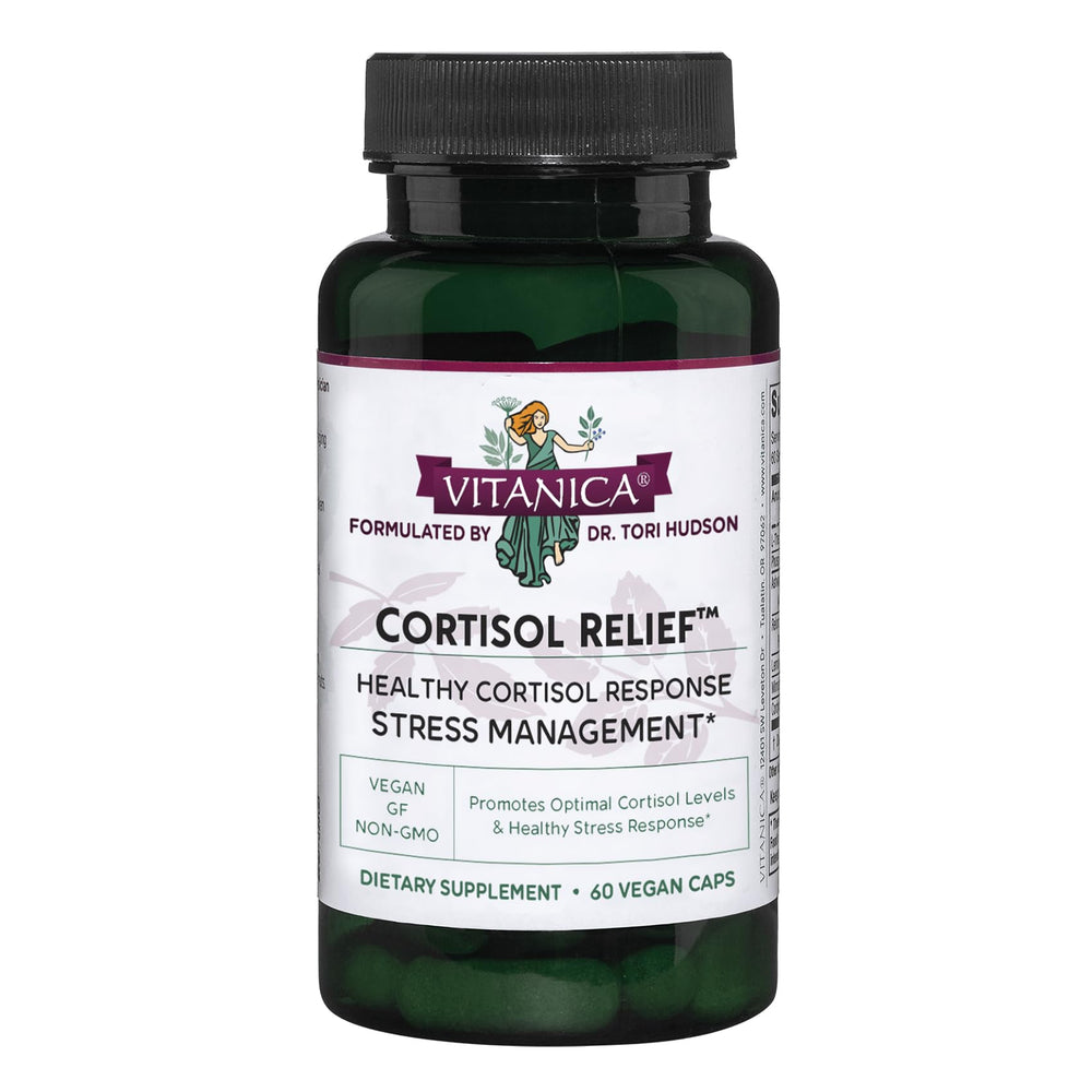 Vitanica Cortisol Relief bottle front showing calm evening routine.