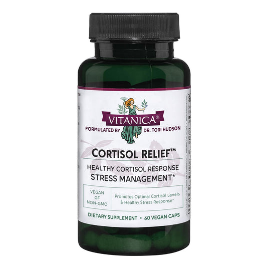 Vitanica Cortisol Relief bottle front showing calm evening routine.