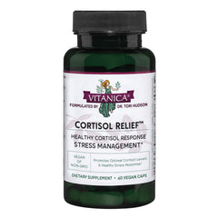 Vitanica Cortisol Relief bottle front showing calm evening routine.