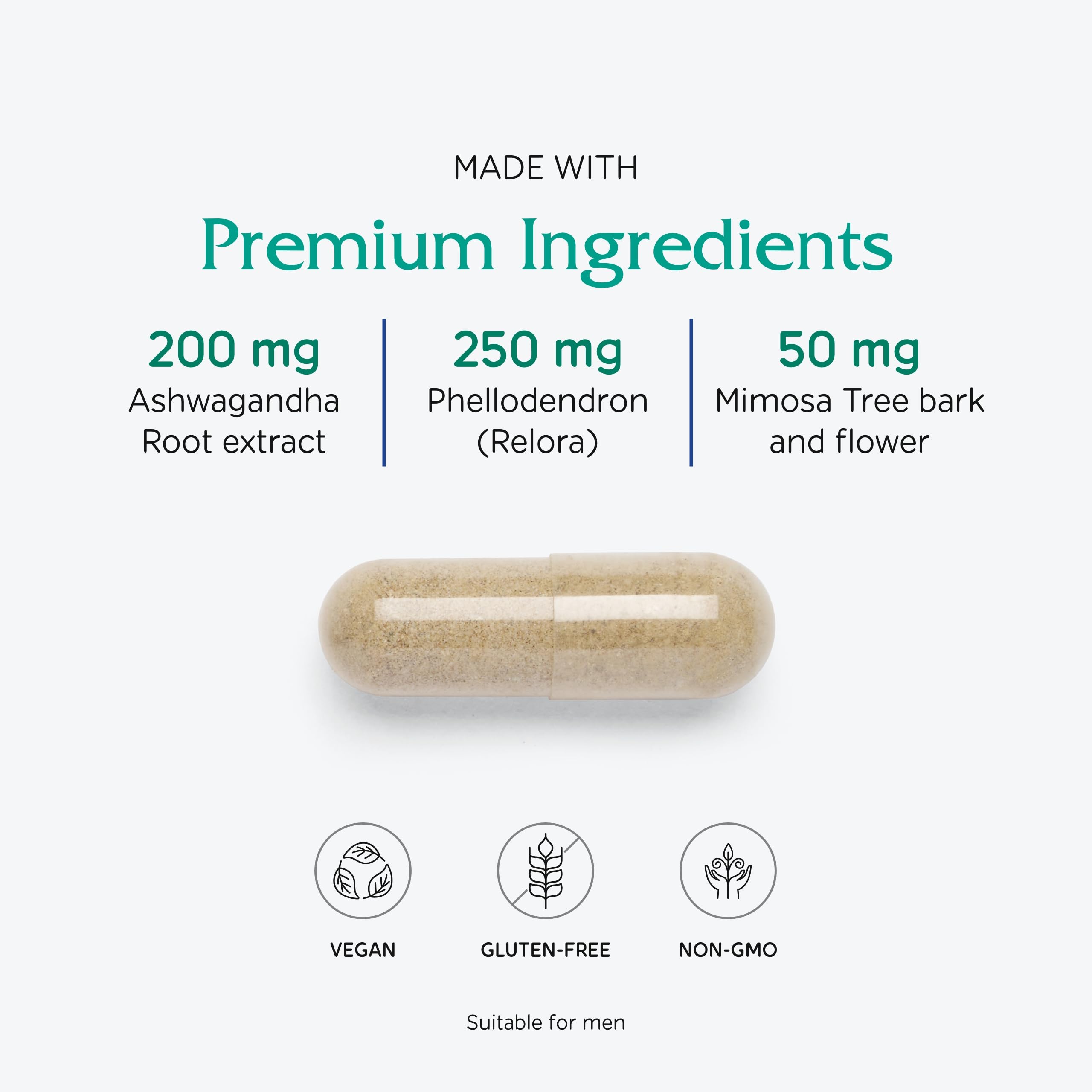 Vitanica Cortisol Relief capsules pouring into a spoon for easy dosing