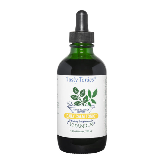 Vitanica Daily Calm Tonic bottle front with lemon balm for relaxation