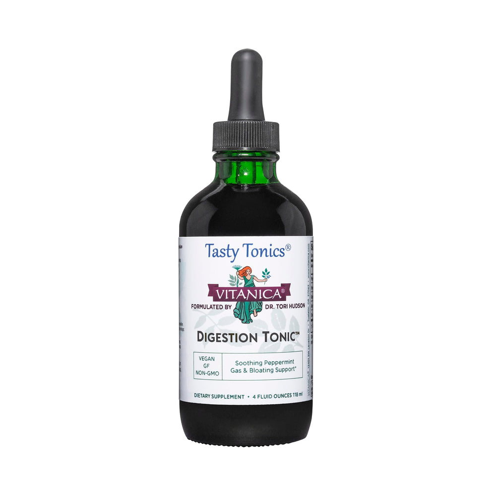 Vitanica Digestion Tonic bottle front for on-the-go digestive support