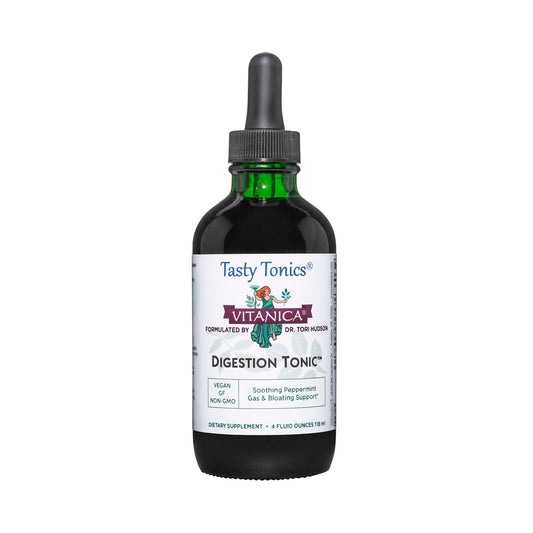 Vitanica Digestion Tonic bottle front for on-the-go digestive support