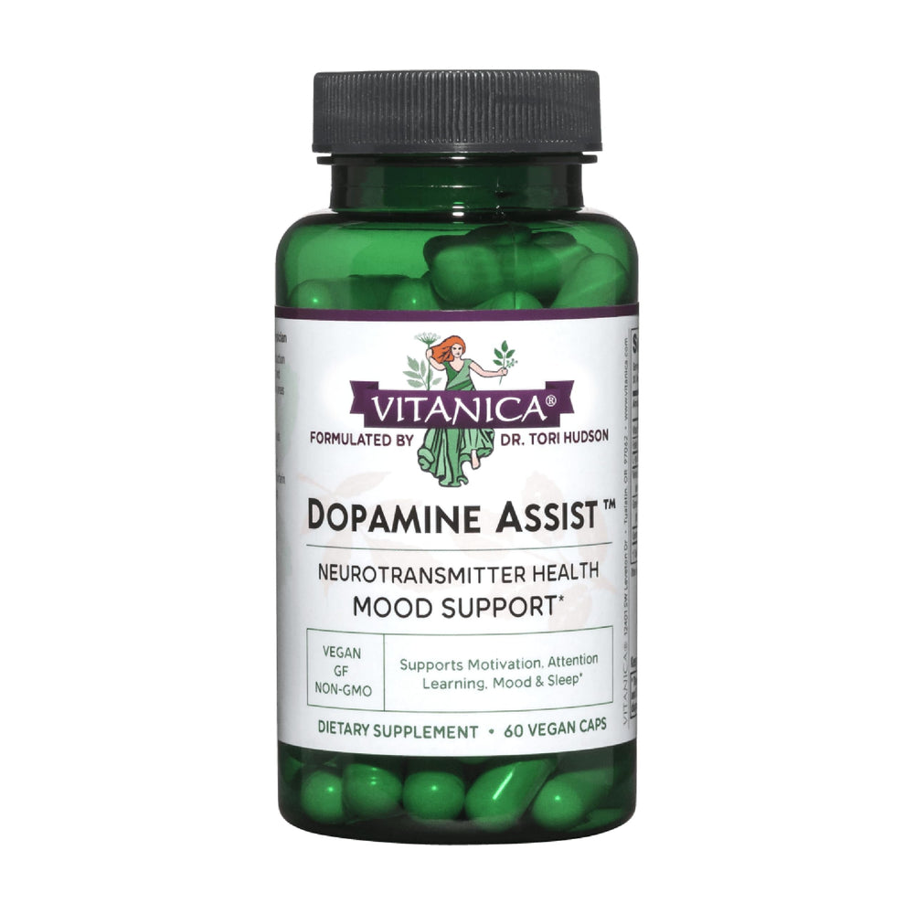 Vitanica Dopamine Assist bottle front image emphasizing doctor-formulated mood support.