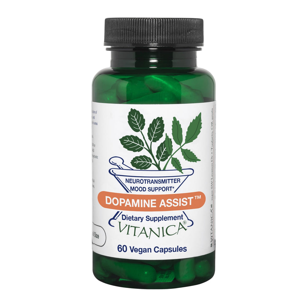 Vitanica Dopamine Assist bottle front for doctor-formulated mood support.