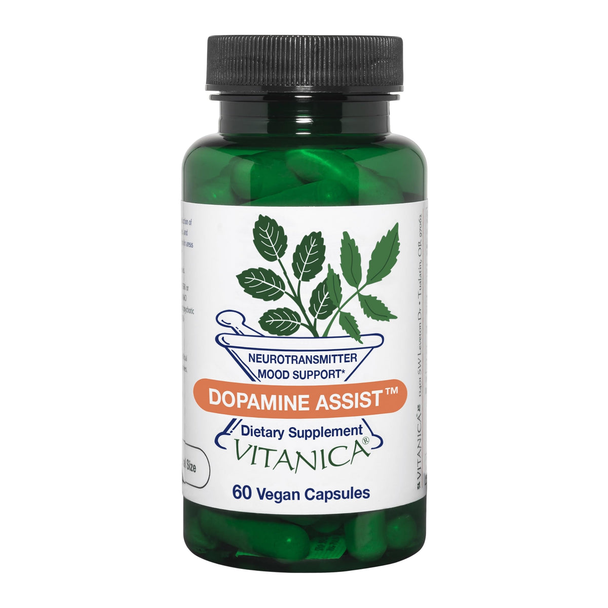 Vitanica Dopamine Assist bottle front for doctor-formulated mood support.