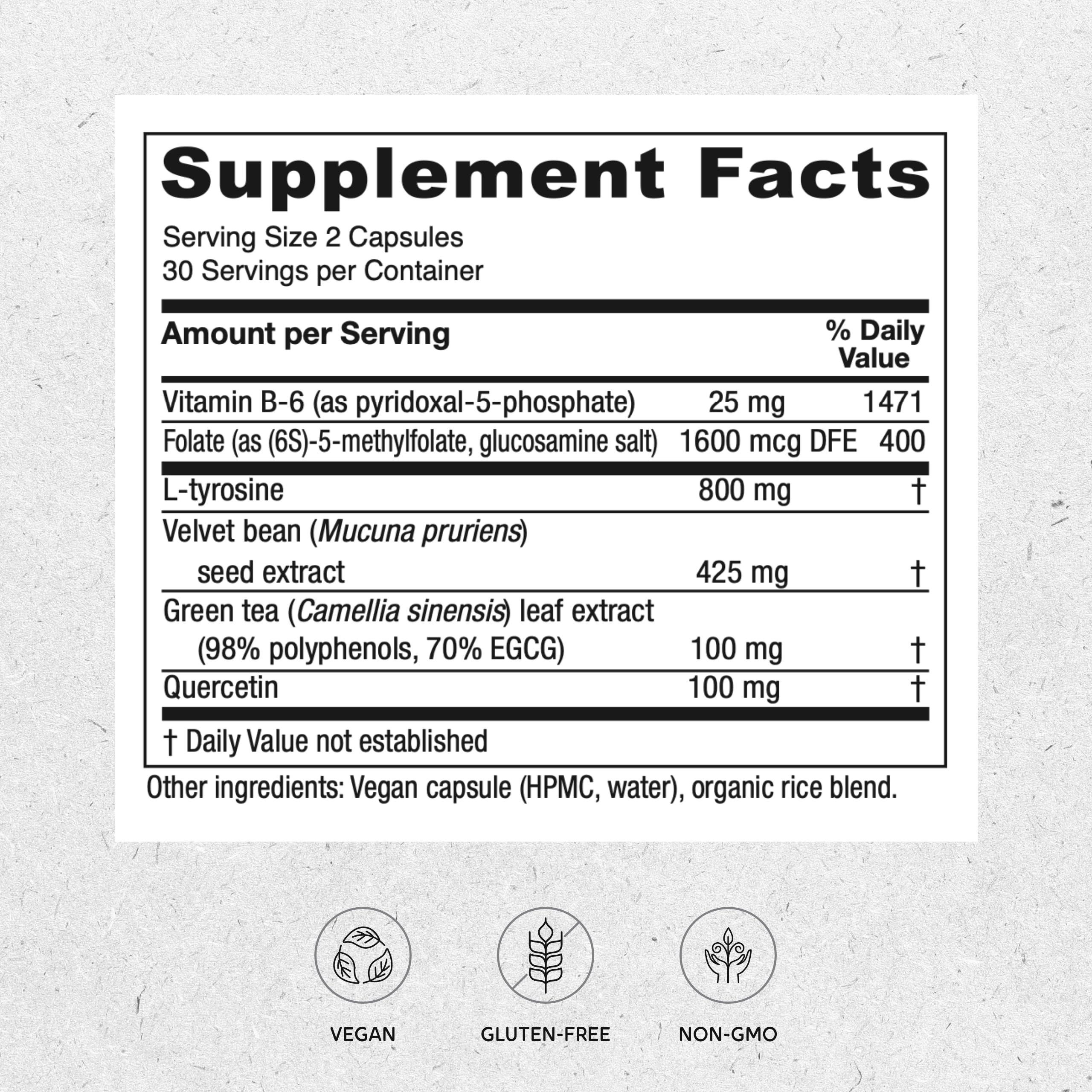 Vitanica Dopamine Assist capsules close-up showing convenient vegan capsules.