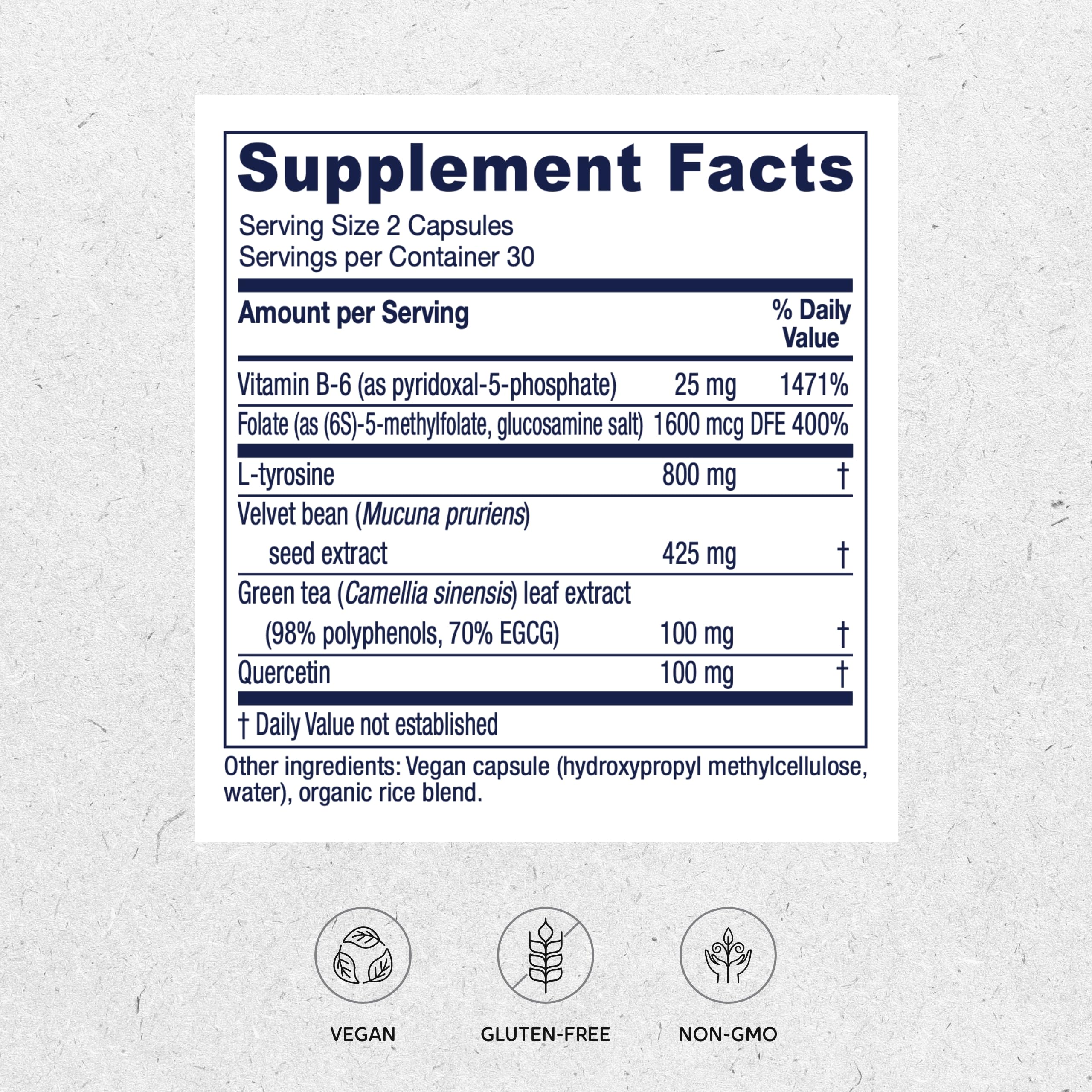 Vitanica Dopamine Assist capsules close-up highlighting natural ingredients for balanced neurotransmitter support.