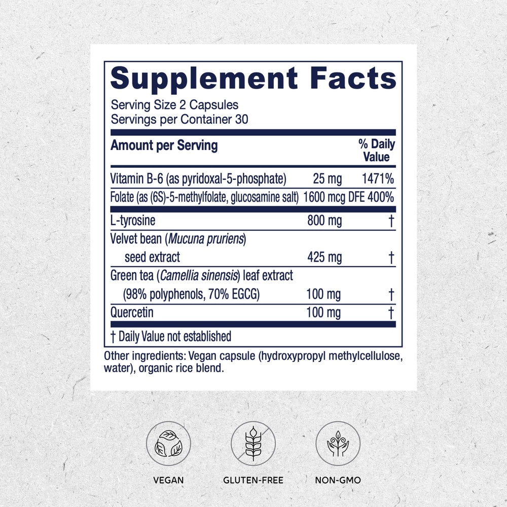 Vitanica Dopamine Assist capsules close-up highlighting natural ingredients for balanced neurotransmitter support.