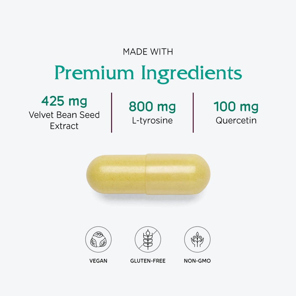 Vitanica Dopamine Assist with Mucuna pruriens plant visual showing natural L-DOPA source.