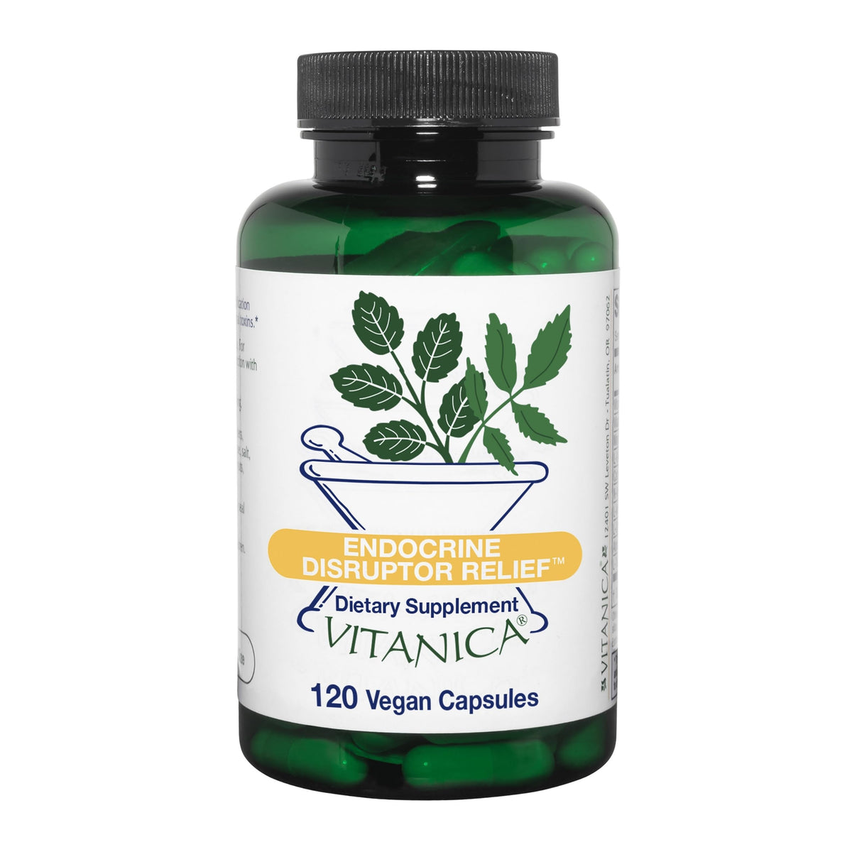 Vitanica Endocrine Disruptor Relief bottle front showing vegan liver support formula.
