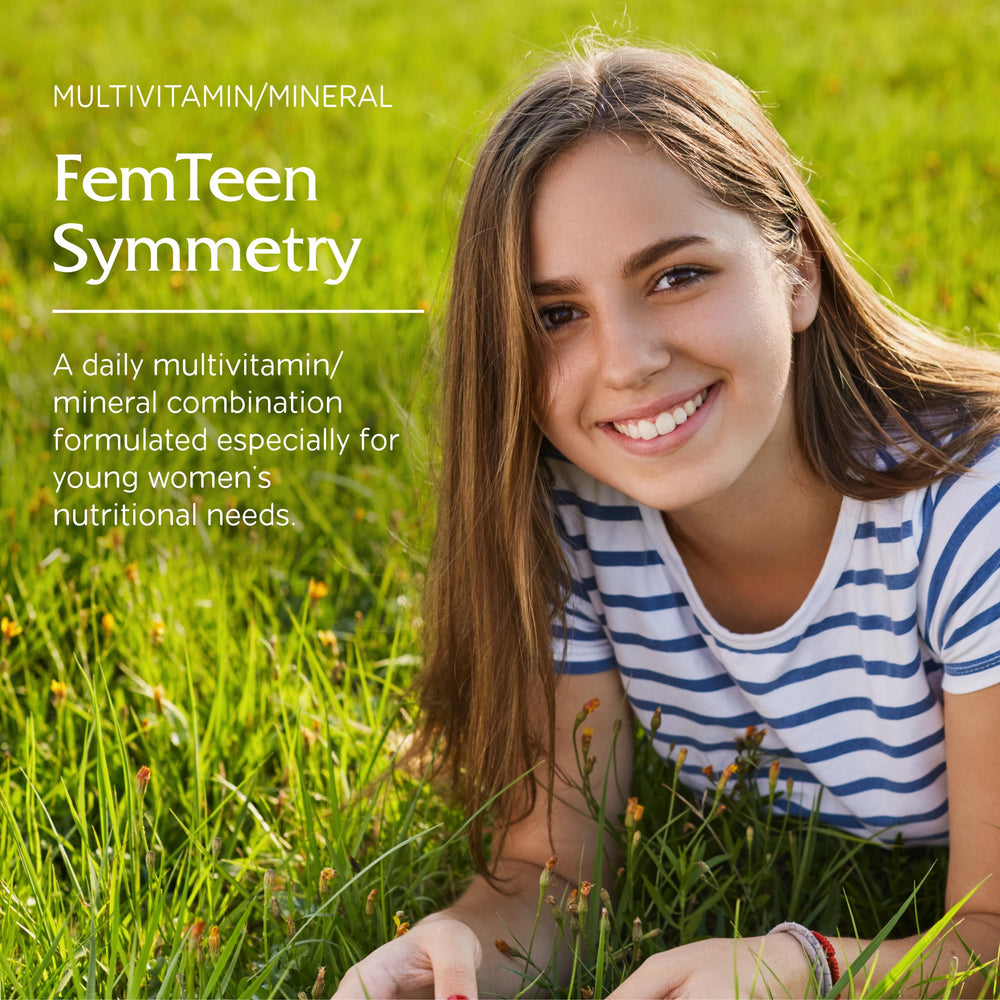 Vitanica FemTeen Symmetry label highlighting vegan, allergen-free formulation.