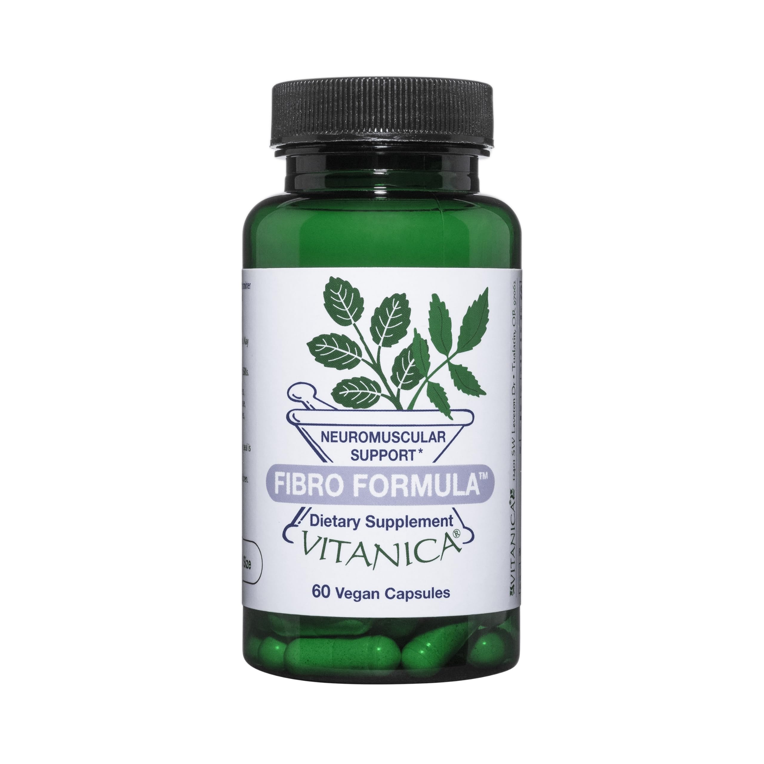 Vitanica Fibro Formula bottle on a clean surface for daily neuromuscular support.