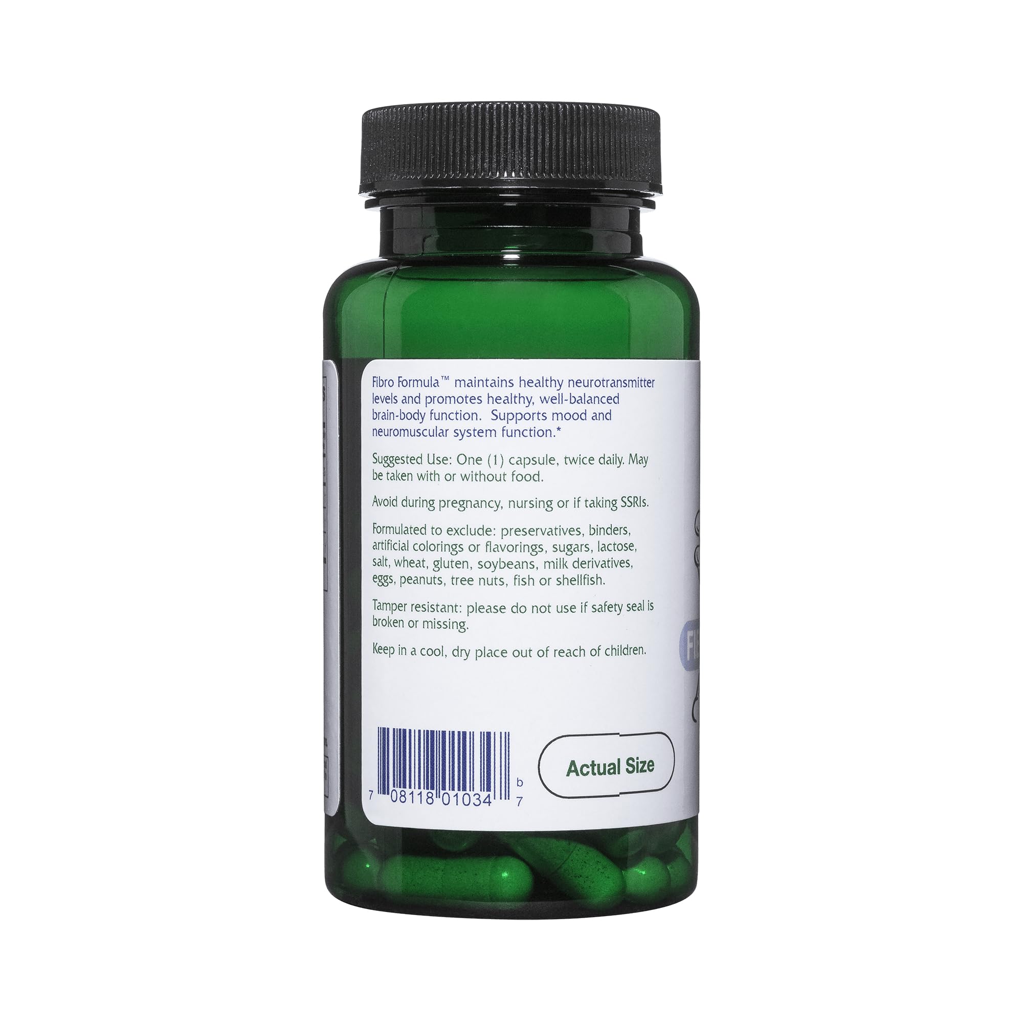 Front label of Vitanica Fibro Formula highlights ingredients for balanced neurotransmission.