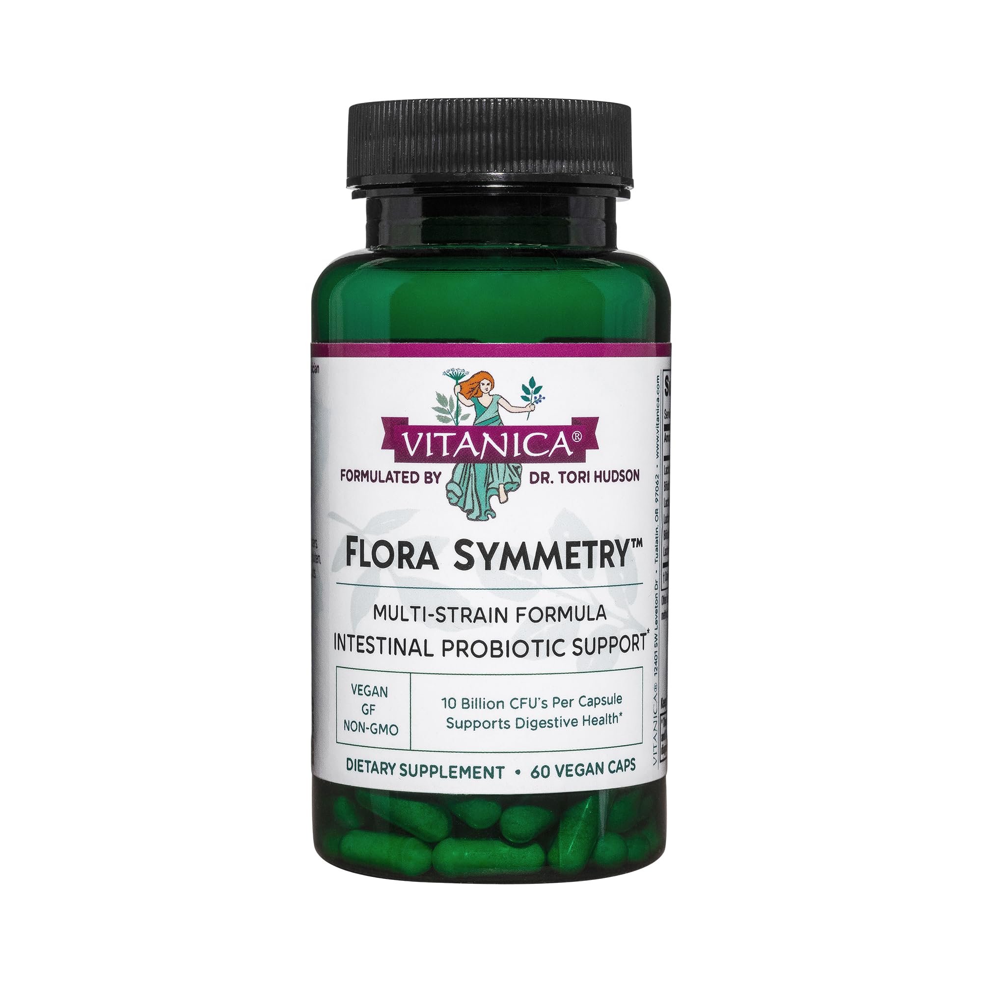 Vitanica Flora Symmetry bottle front promotes daily gut balance.