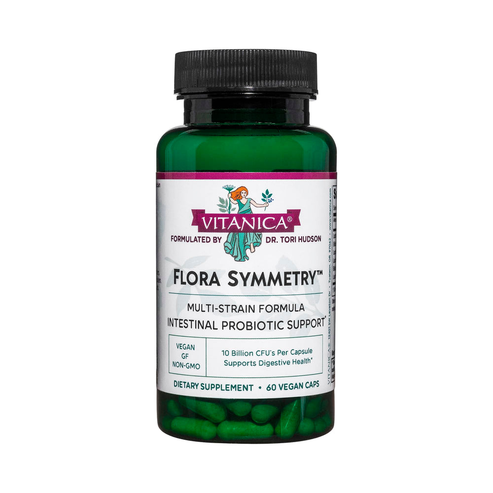 Vitanica Flora Symmetry bottle front promotes daily gut balance.