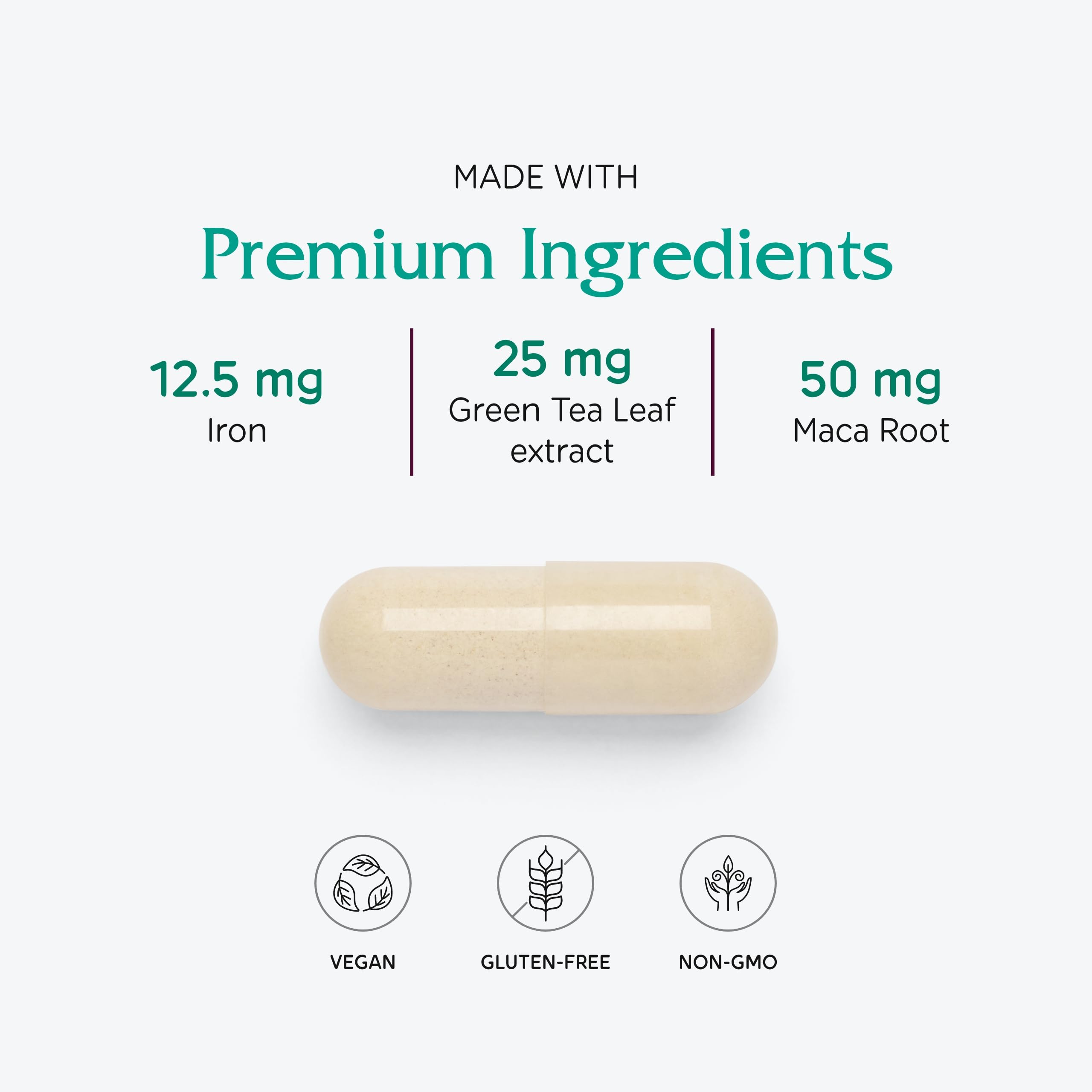 Vitanica green tea and maca ingredients highlight plant-based nutrients.