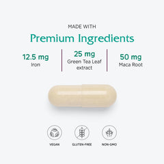 Vitanica green tea and maca ingredients highlight plant-based nutrients.