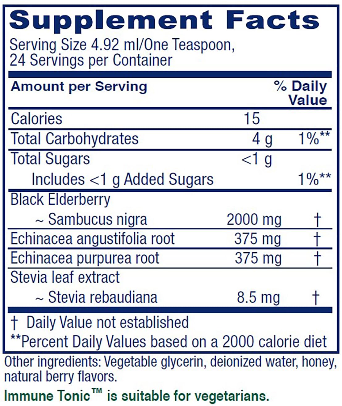 Vitanica Immune Tonic bottle back with ingredients and allergen-free notes